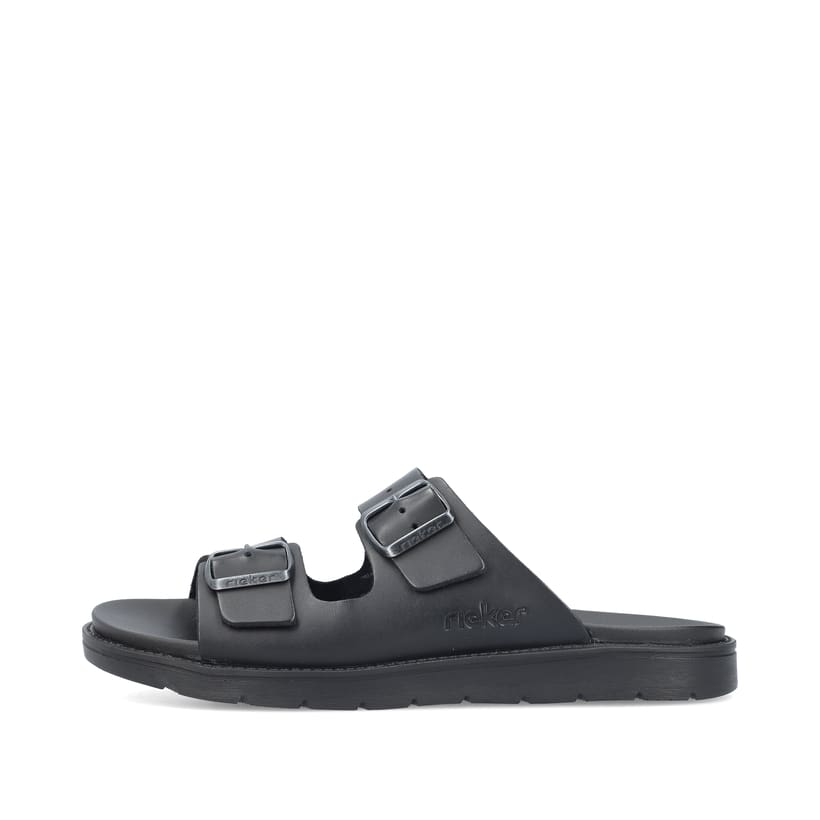 Tiefschwarze Rieker Herren Pantoletten 24290-00 mit einer Schnalle. Schuh Außenseite.
