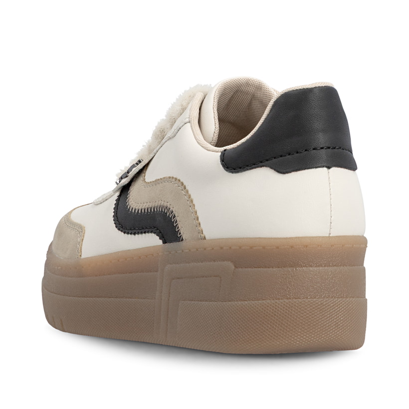 Cremefarbene Rieker Damen Sneaker Low M7610-60 mit einer Schnürung. Schuh von hinten.
