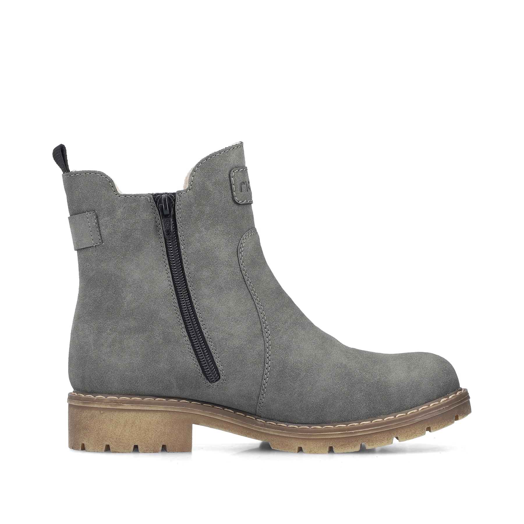 Dunkelgraue Rieker Damen Chelsea Boots Y9160-45 mit einem Reißverschluss. Schuh Innenseite.