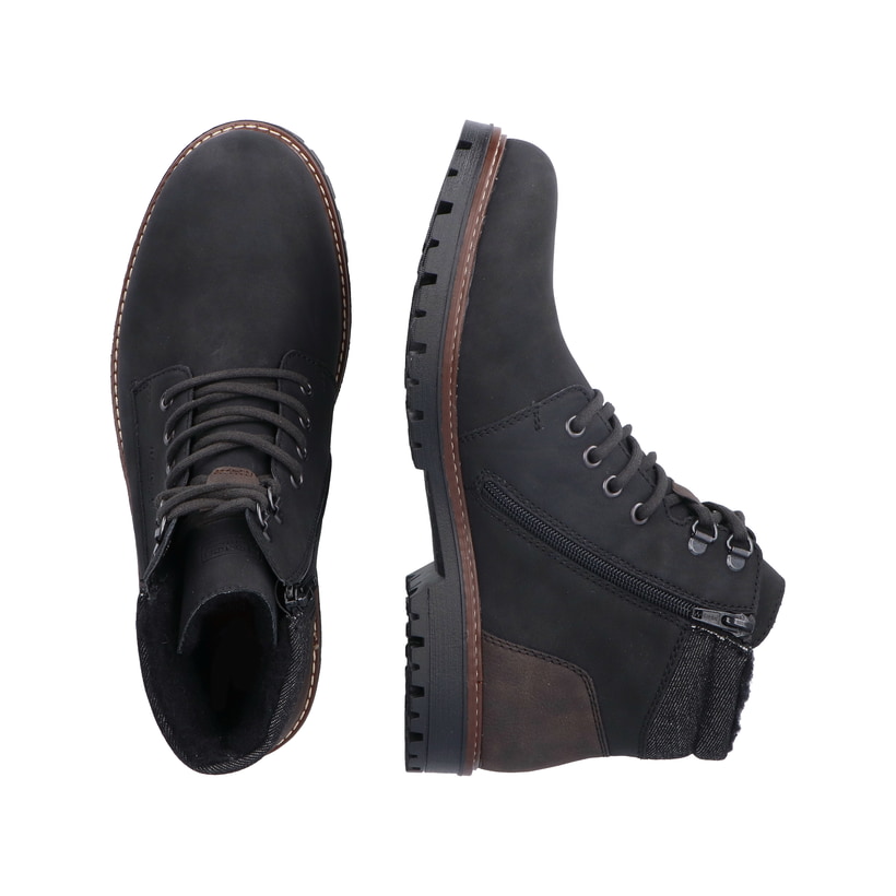 Schwarze Rieker Herren Schnürstiefel F3611-00 mit wasserabweisender TEX-Membran. Schuh von oben, liegend.