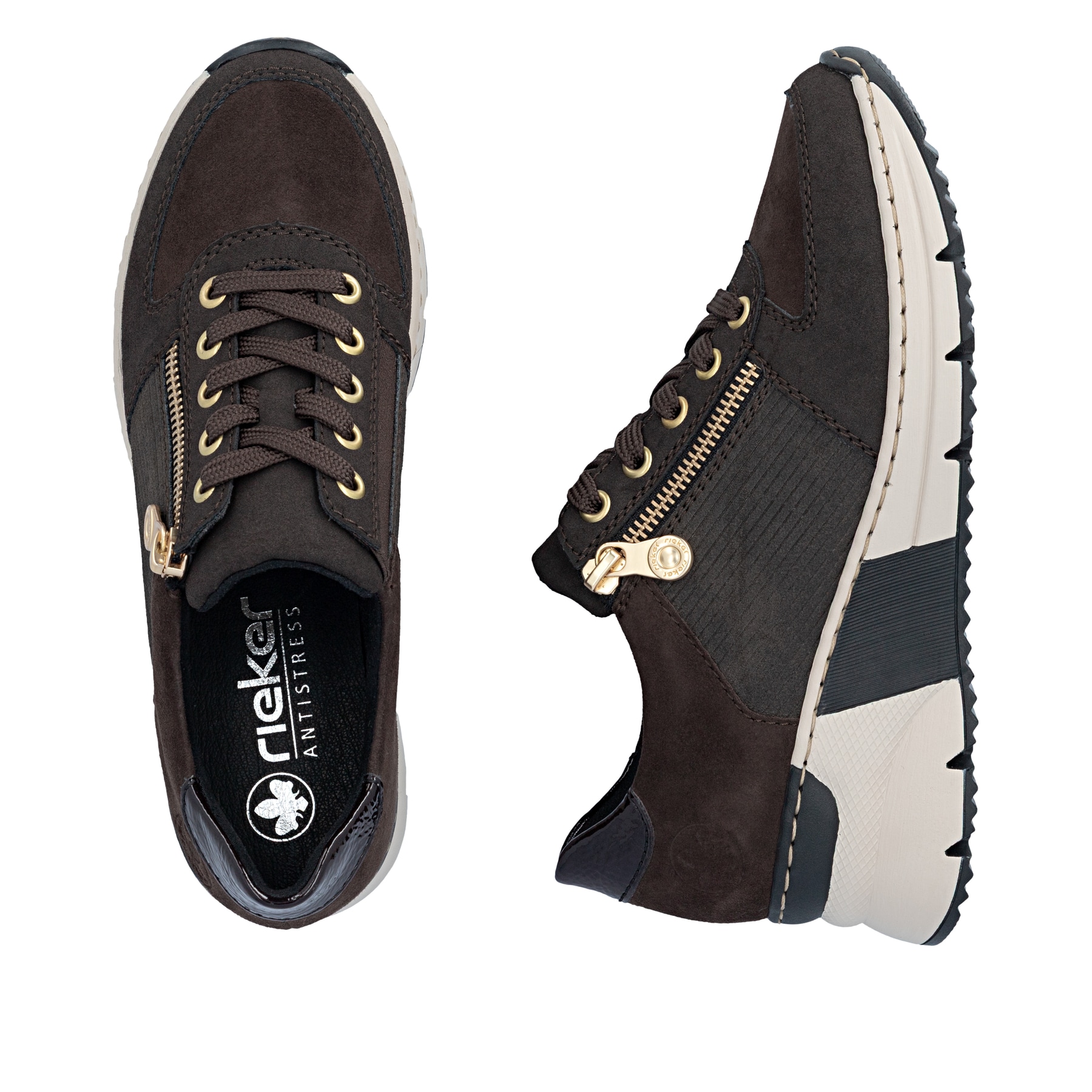 Dunkelbraune Rieker Damen Sneaker Low N6314-25 mit einem Reißverschluss. Schuh von oben, liegend.