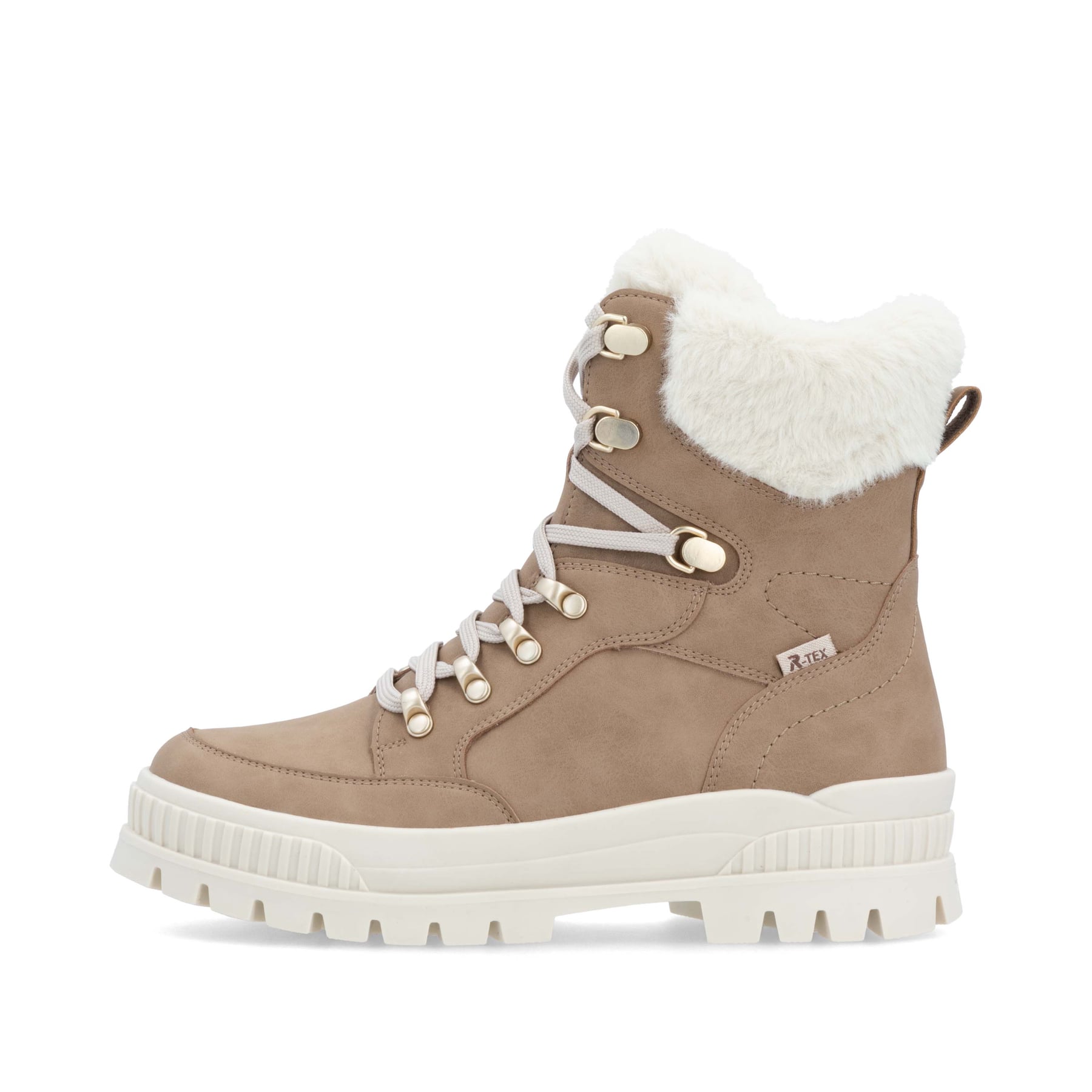 Beige-weiße Rieker Damen Schnürstiefel W2174-20 aus Rauleder. Schuh Außenseite.