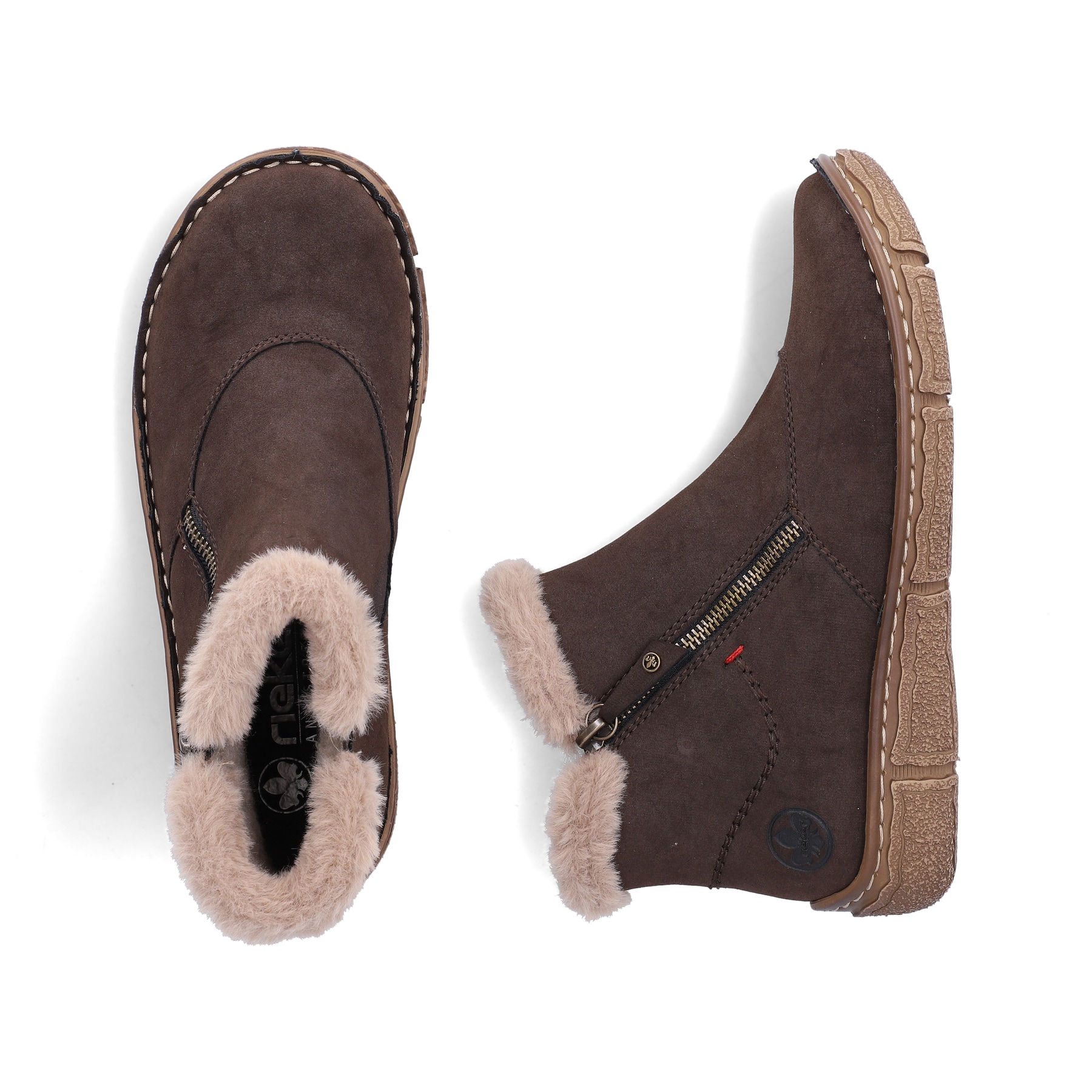 Dunkelbraune Rieker Damen Kurzstiefel Z3753-25 mit weichem Kragen. Schuh von oben, liegend.
