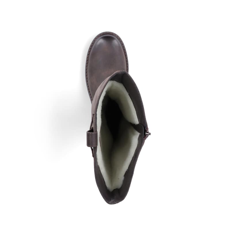Dunkelbraune Rieker Damen Hochschaftstiefel 92990-25 mit gerafftem Schaft. Schuh von oben.