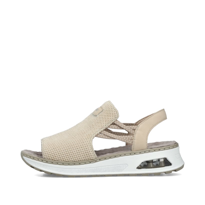 Beige vegane Rieker Keilsandaletten 65661-60 mit Rieker Air Sohlenfenster. Schuh Außenseite.