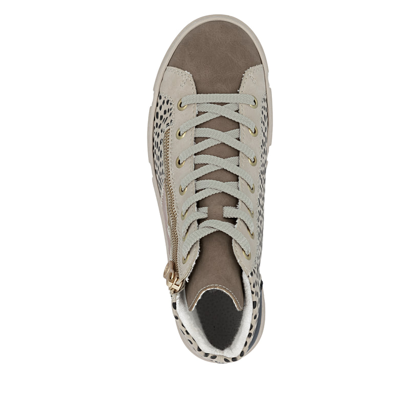 Beige Rieker Damen Sneaker High N5931-62 mit Animal-Print sowie Reißverschluss. Schuh von oben.