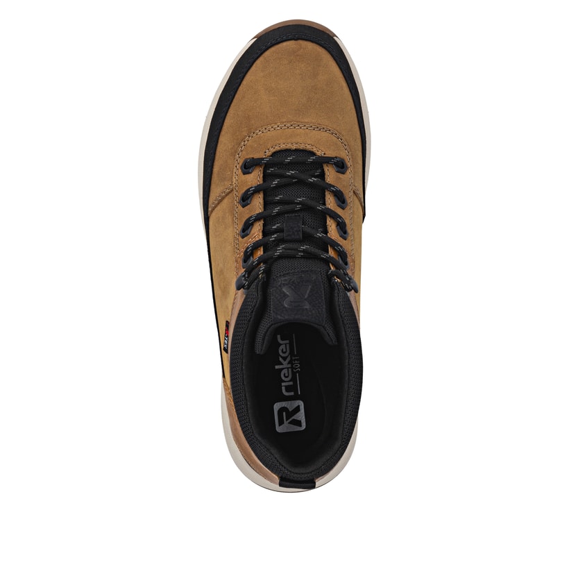 Goldgelb-braune Rieker Herren Schnürstiefel U1670-68 mit einer Schnürung. Schuh von oben.