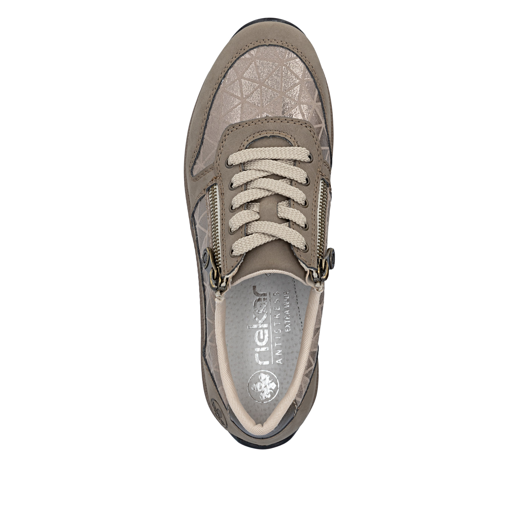 Baskets basses Rieker beiges pour femme N1100-62 avec fermeture éclair. Semelle extérieure de la chaussure.