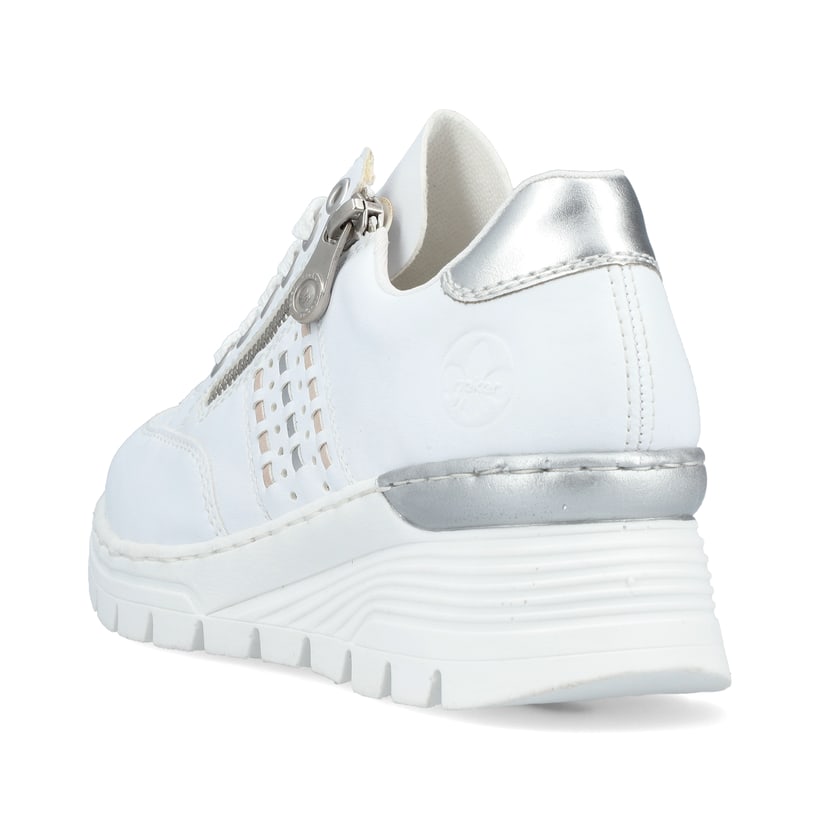 Weiße Rieker Damen Sneaker Low N8321-80 mit Reißverschluss sowie Komfortweite G. Schuh von hinten.