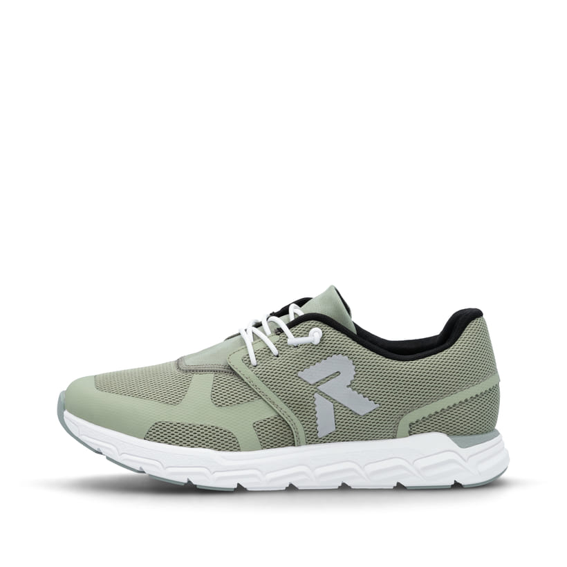 Grüne Rieker Damen Sneaker Low M9000-52 mit Gummischnürung sowie flexibler Sohle. Schuh Außenseite.