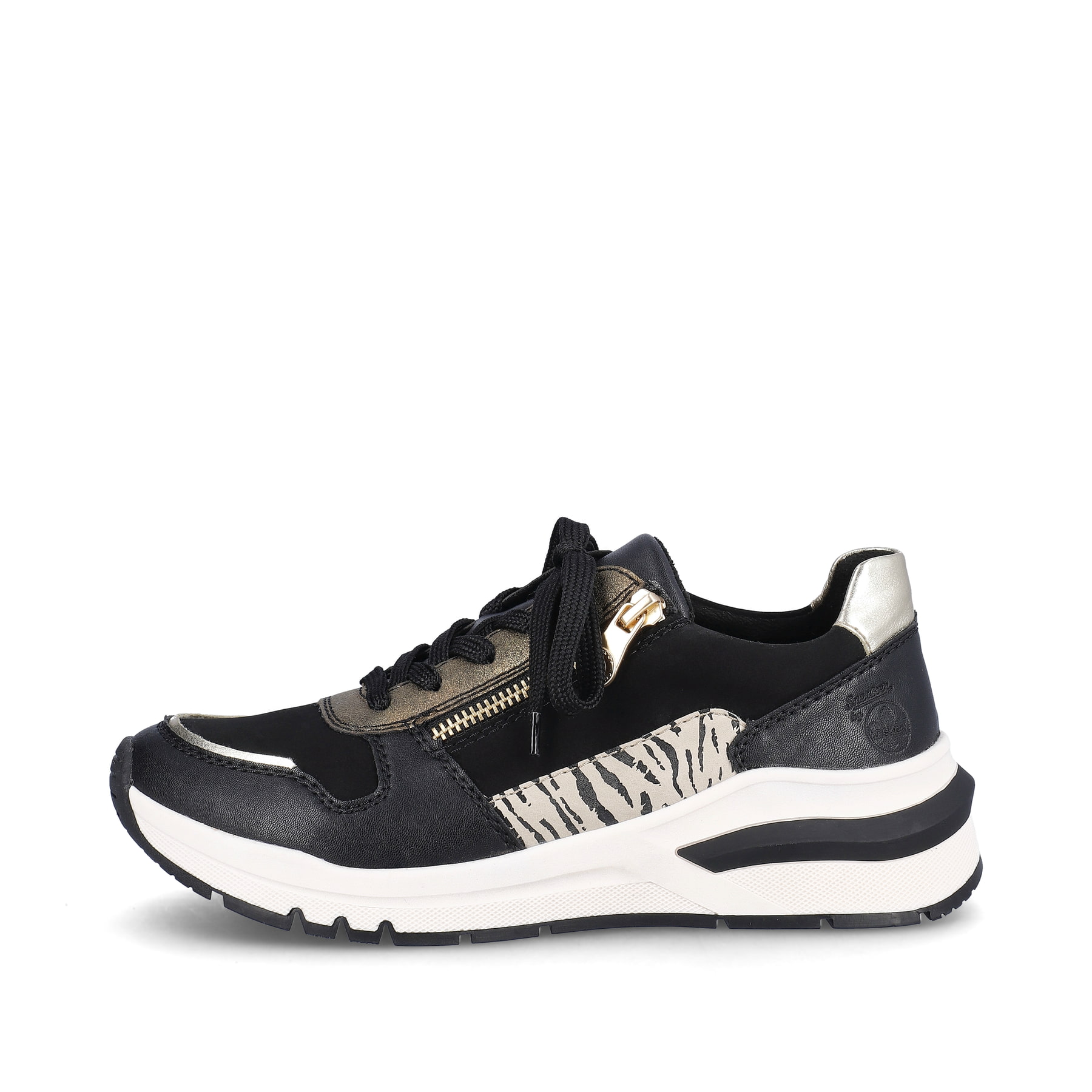 Urbanschwarze Rieker Damen Sneaker Low M6616-00 mit einer robusten Profilsohle. Schuh Außenseite