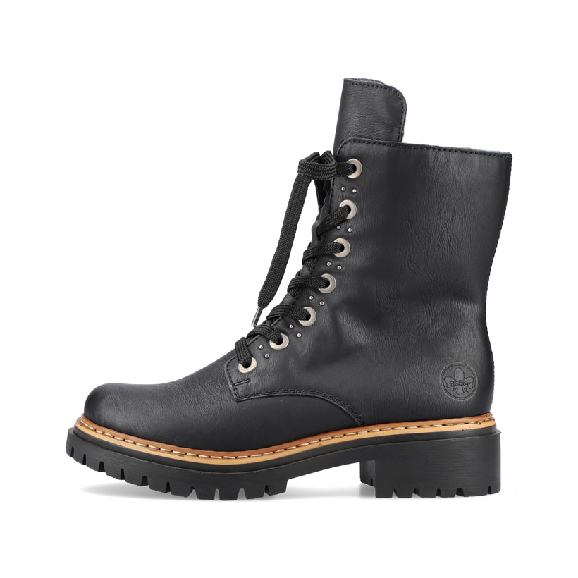 
Graphitschwarze Rieker Damen Biker Boots 72612-00 mit Schnürung und Reißverschluss. Schuh Außenseite