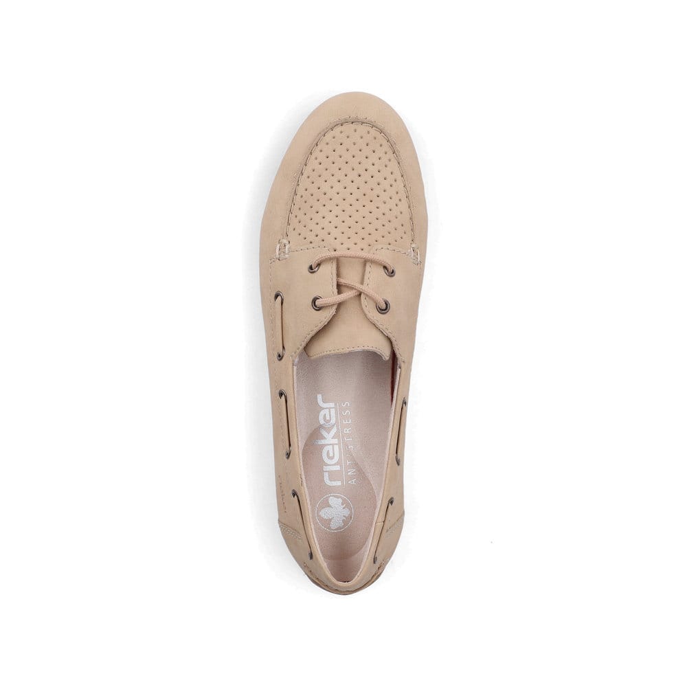 Beige Rieker Damen Schnürschuhe 43800-60 mit einer herausnehmbaren Einlegesohle. Schuh von oben.