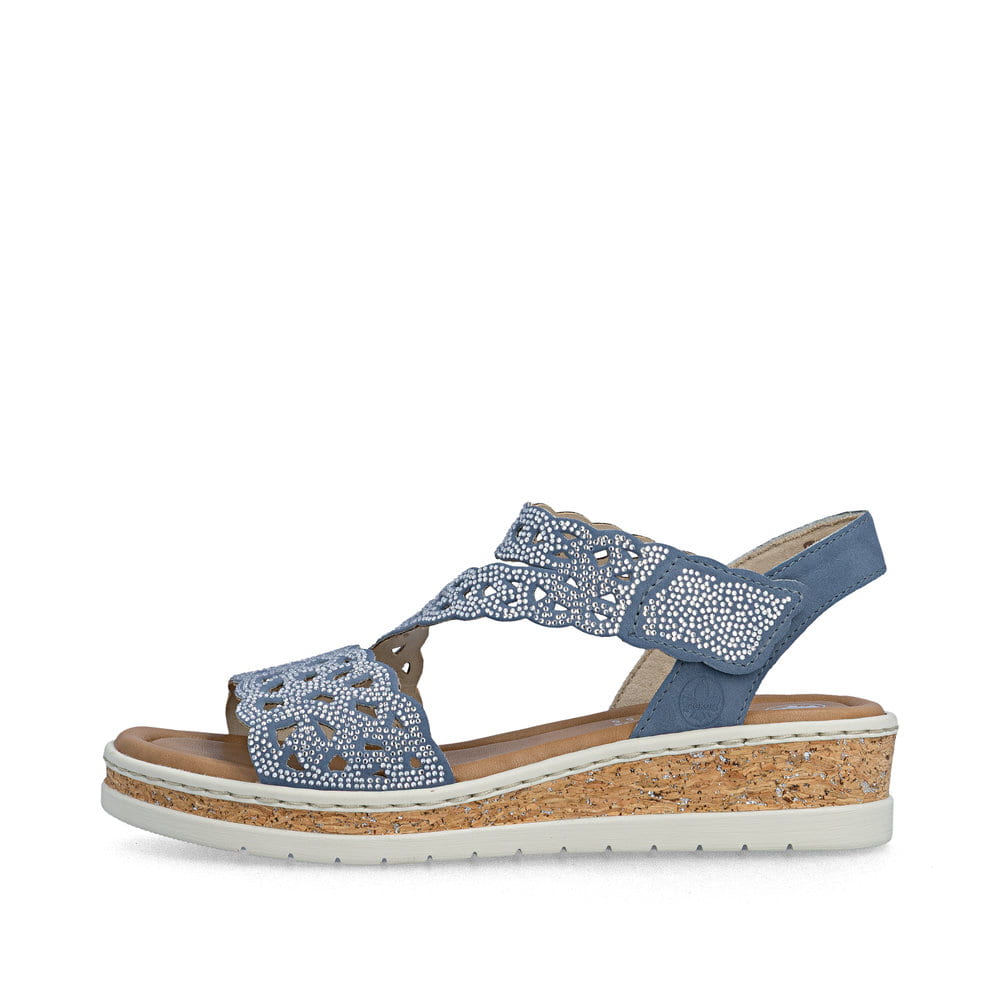 Blaue Rieker Damen Riemchensandalen V4150-14 mit Strasssteinen sowie Gummizug. Schuh Außenseite.