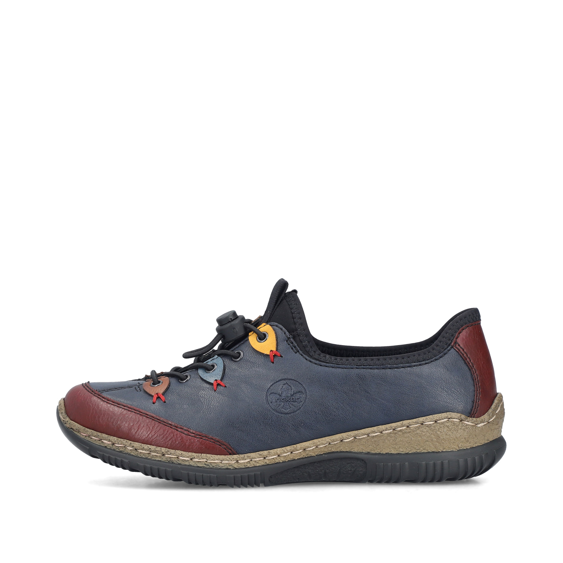 Mocassins Rieker bleus pour femme N3271-35 avec oeillets décoratifs. Côté extérieur de la chaussure.