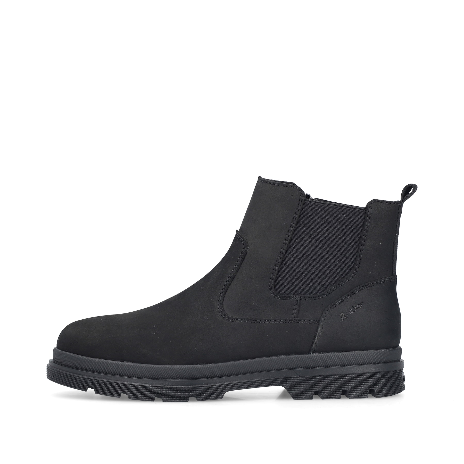 Chelsea Boots Rieker noires pour homme F7051-00 en cuir suédé. Côté extérieur de la chaussure.