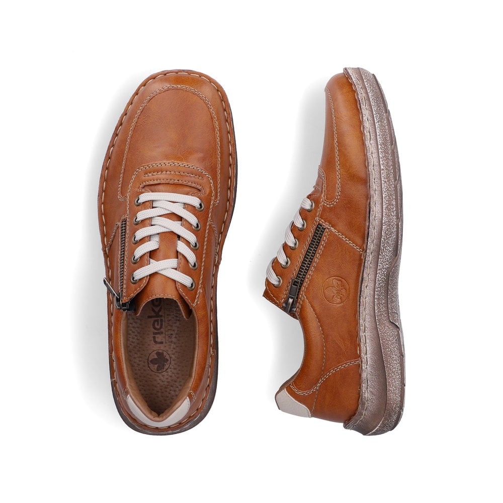Braune Rieker Herren Schnürschuhe 03030-25 mit Reißverschluss sowie Extraweite H. Schuh von oben, liegend.