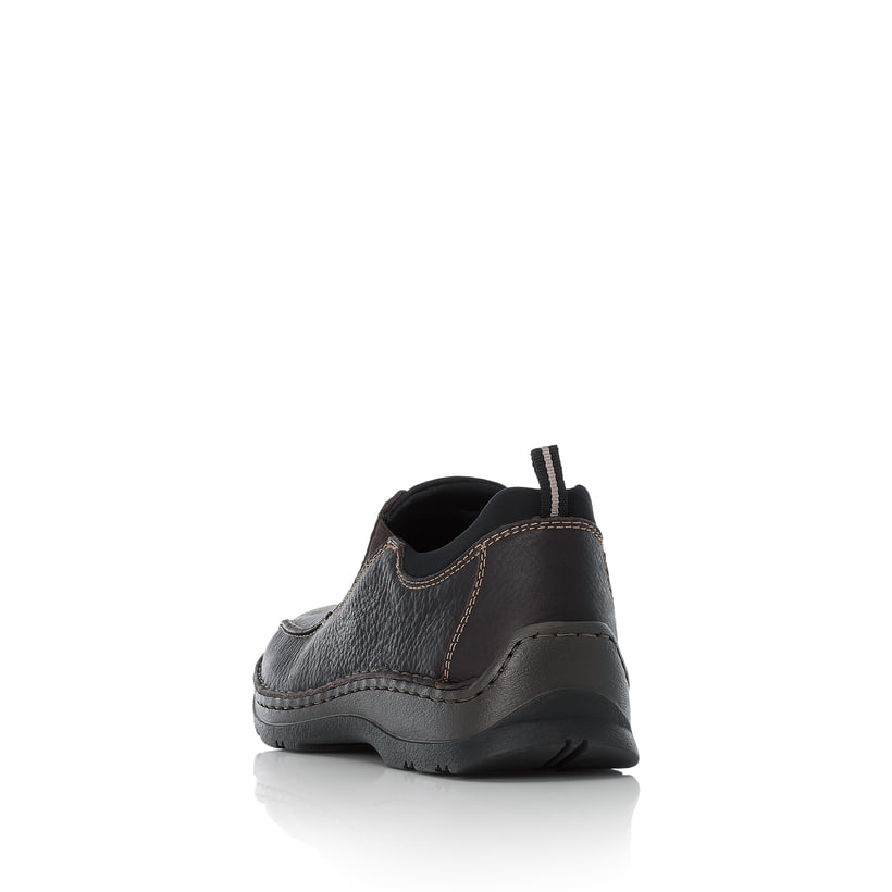 Dunkelbraune Rieker Herren Slipper 05363-25 aus Glattleder. Schuh von hinten.