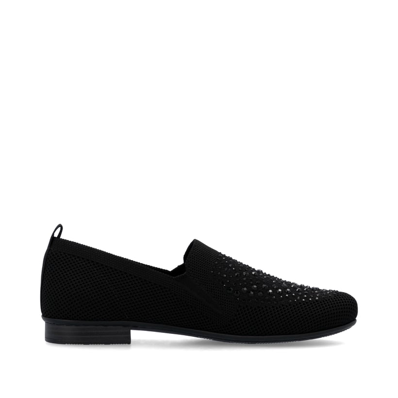 Schwarze Rieker Damen Slipper 51989-00 mit Strasssteinen sowie einem Gummizug. Schuh Innenseite.