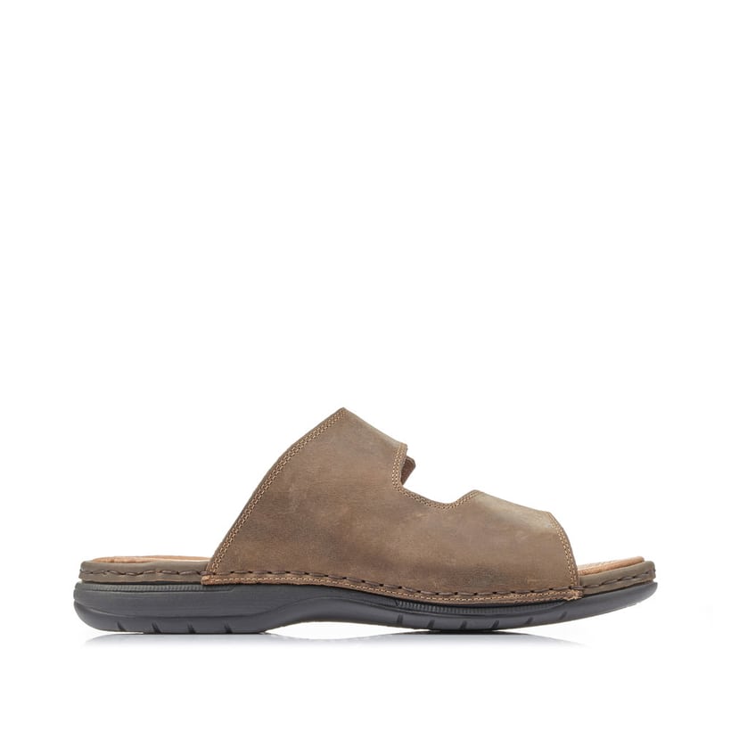 Braune Rieker Herren Pantoletten 25592-25 aus Rauleder mit einem Klettverschluss. Schuh Innenseite.