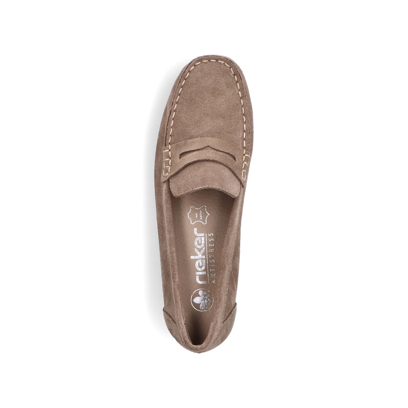 Beige Rieker Damen Loafer 40051-62 mit der schmalen Passform E 1/2. Schuh von oben.