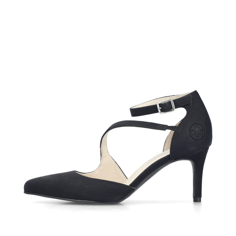 Schwarze Rieker Pumps 41153-00 mit einer griffigen Sohle. Schuh Außenseite.