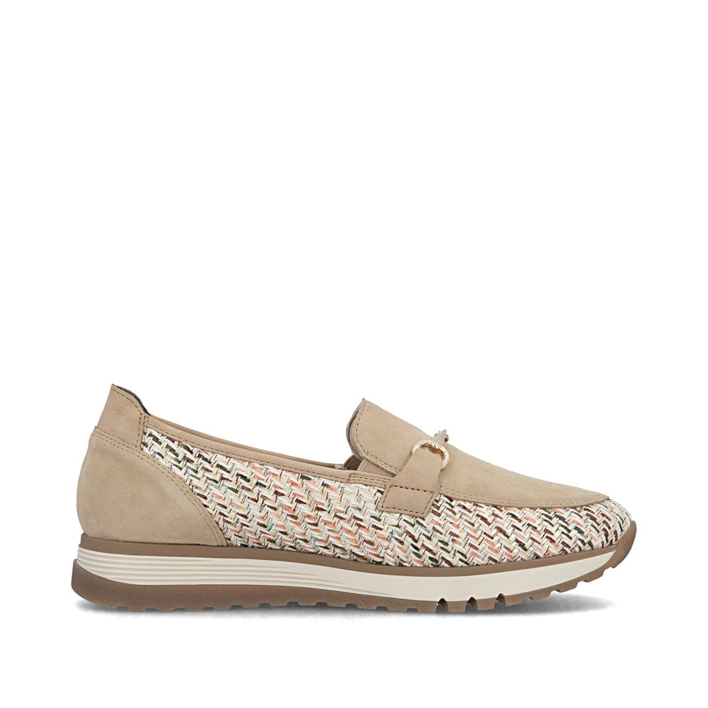 Mocassins Rieker beiges pour femme 49042-62 en cuir velours. Côté intérieur de la chaussure.