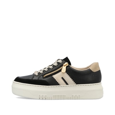Schwarze Rieker Damen Sneaker Low M1912-00 mit einem Reißverschluss. Schuh Außenseite.