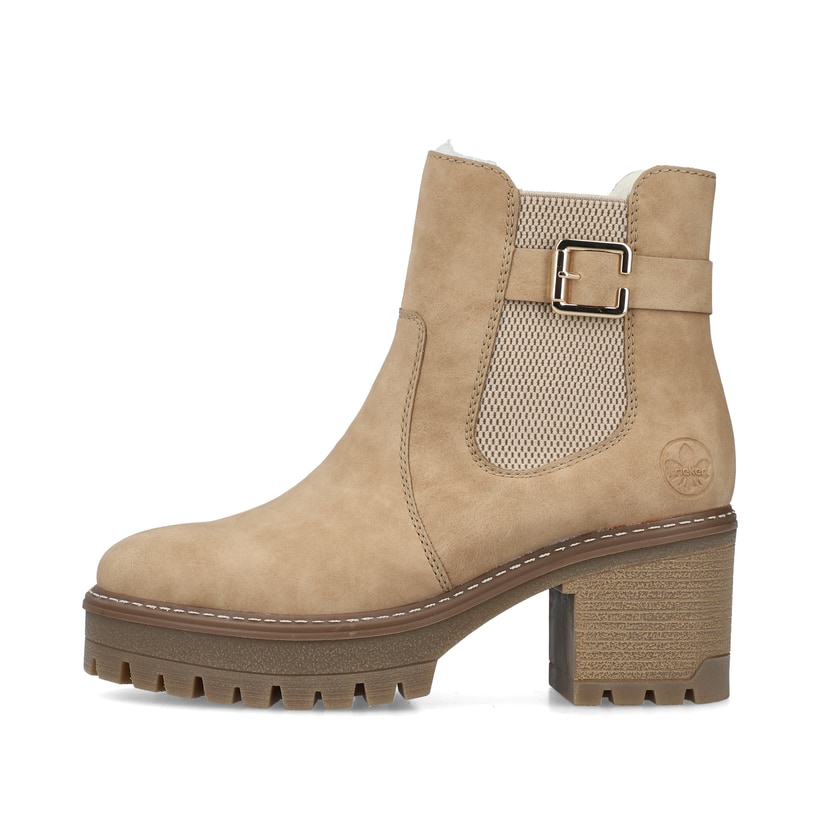
Braunbeige Rieker Damen Chelsea Boots Y8554-60 mit einer Profilsohle mit Blockabsatz. Schuh Außenseite