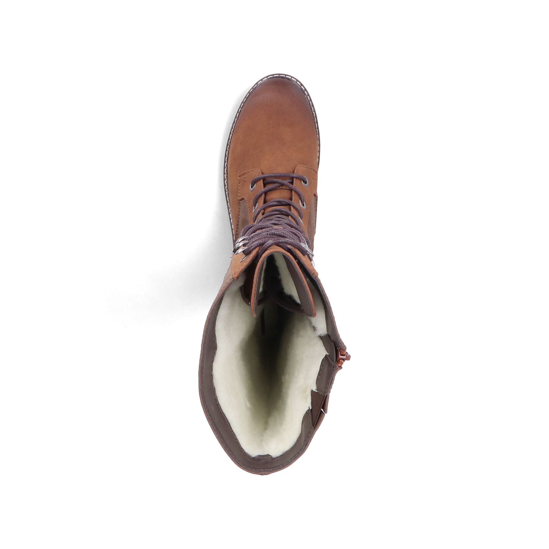 Dunkelbraune Rieker Damen Hochschaftstiefel 94732-25 mit einem Reißverschluss. Schuh von oben.