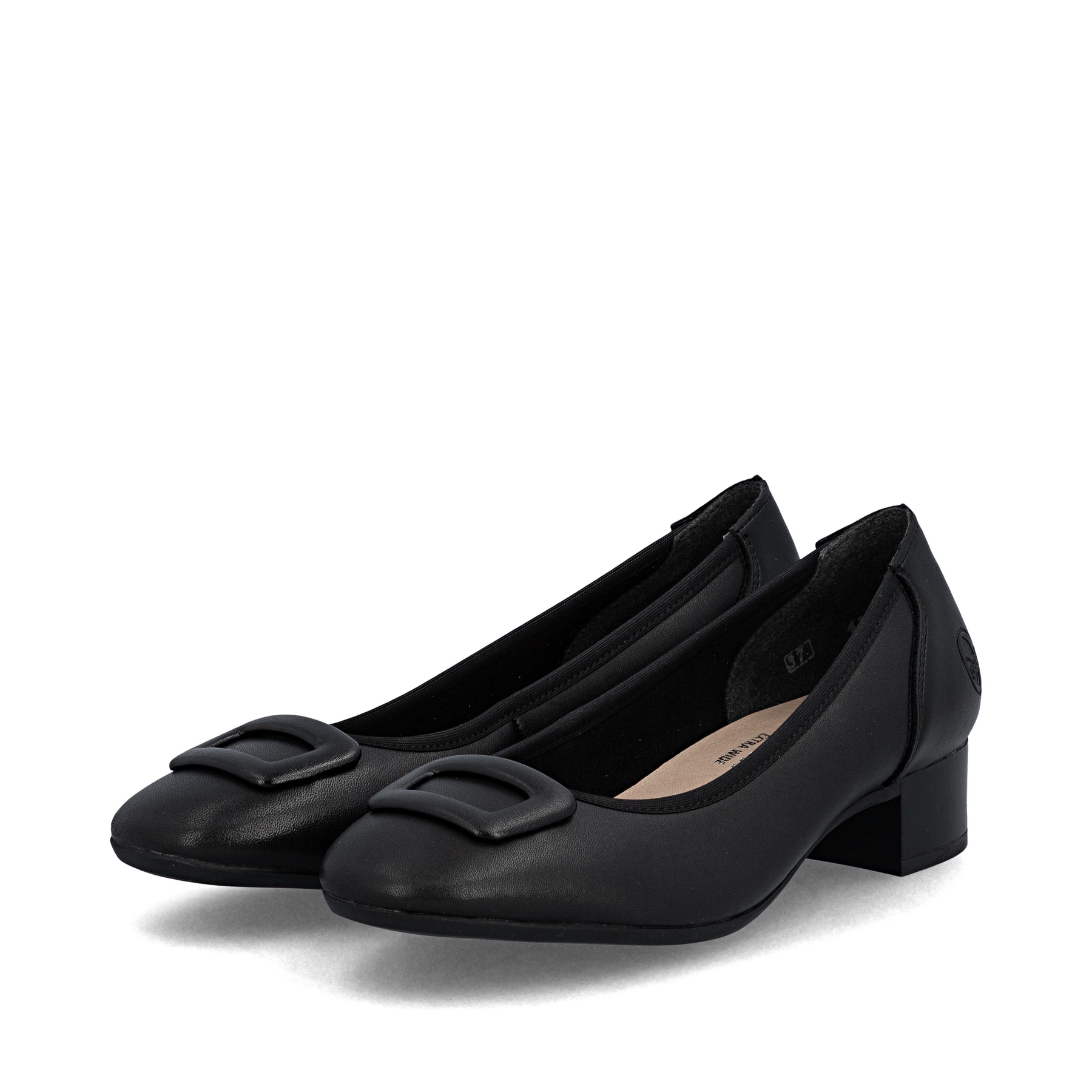 Ballerines Rieker noires pour femme 43453-00 en cuir lisse. Chaussures inclinées sur le côté.
