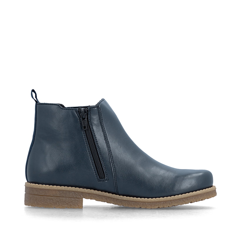 Chelsea Boots Rieker bleues pour femmes 73557-14 avec fermeture éclair. Côté intérieur de la chaussure.