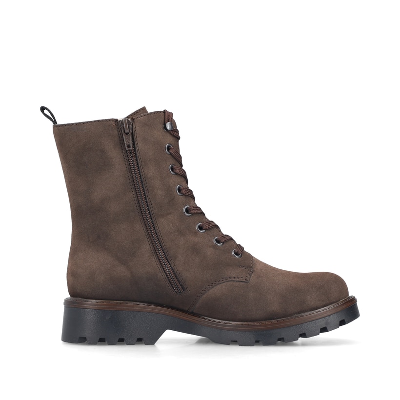 Braune Rieker Damen Biker Boots 73210-25 mit einem Reißverschluss. Schuh Innenseite.
