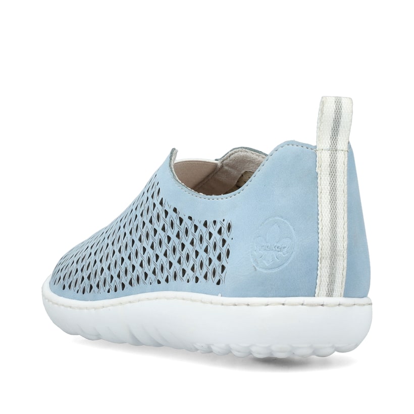 Blaue Rieker Damen Slipper 52866-10, Barfußschuhe in Löcheroptik mit Gummizug. Schuh von hinten.