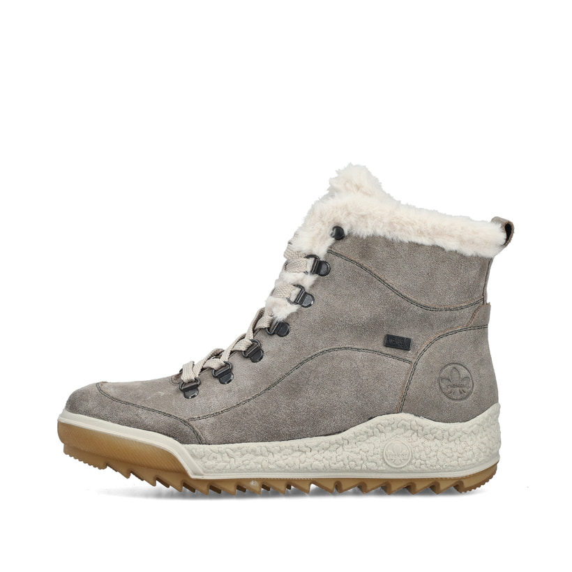 Graue Rieker Damen Schnürstiefel Y4713-45 mit wasserabweisender TEX-Membran. Schuh Außenseite.