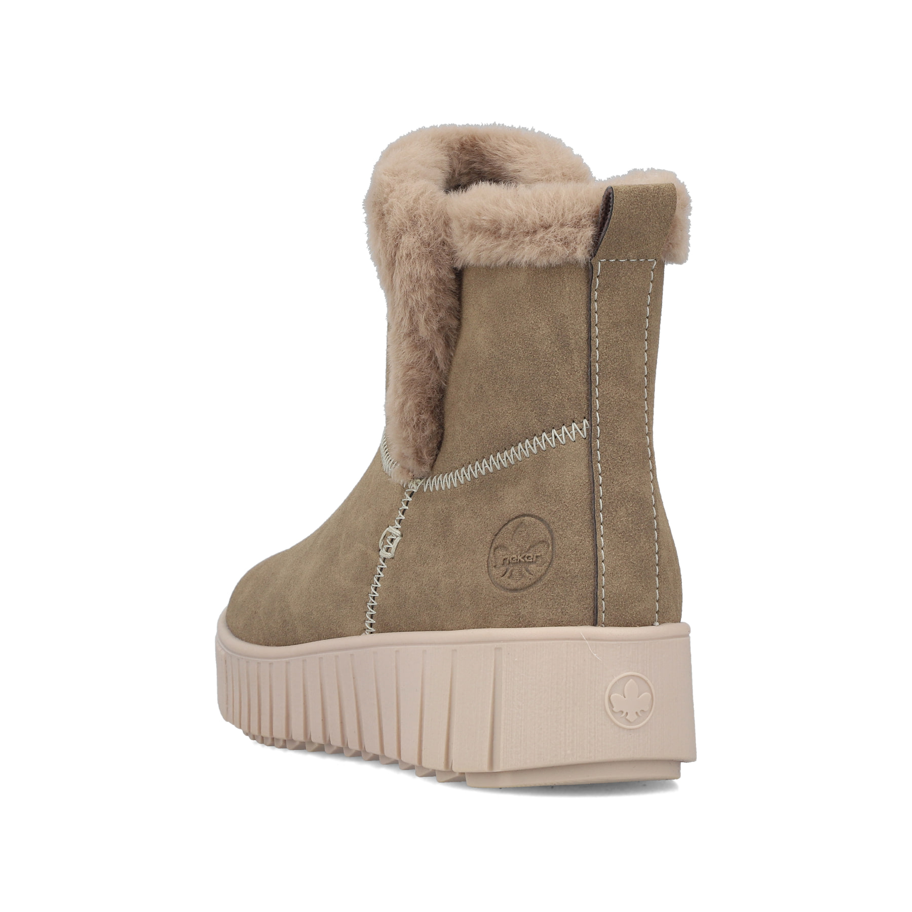Beige Rieker Damen Kurzstiefel Y6152-20 mit weichem Kragen sowie Reißverschluss. Schuh von hinten.