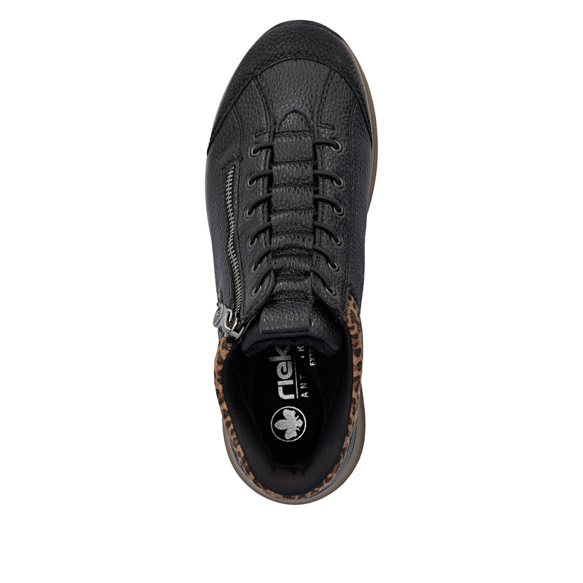 Schwarze Rieker Damen Kurzstiefel N1457-00 mit Ready2GO Schnell-Anziehfunktion. Schuh von oben.