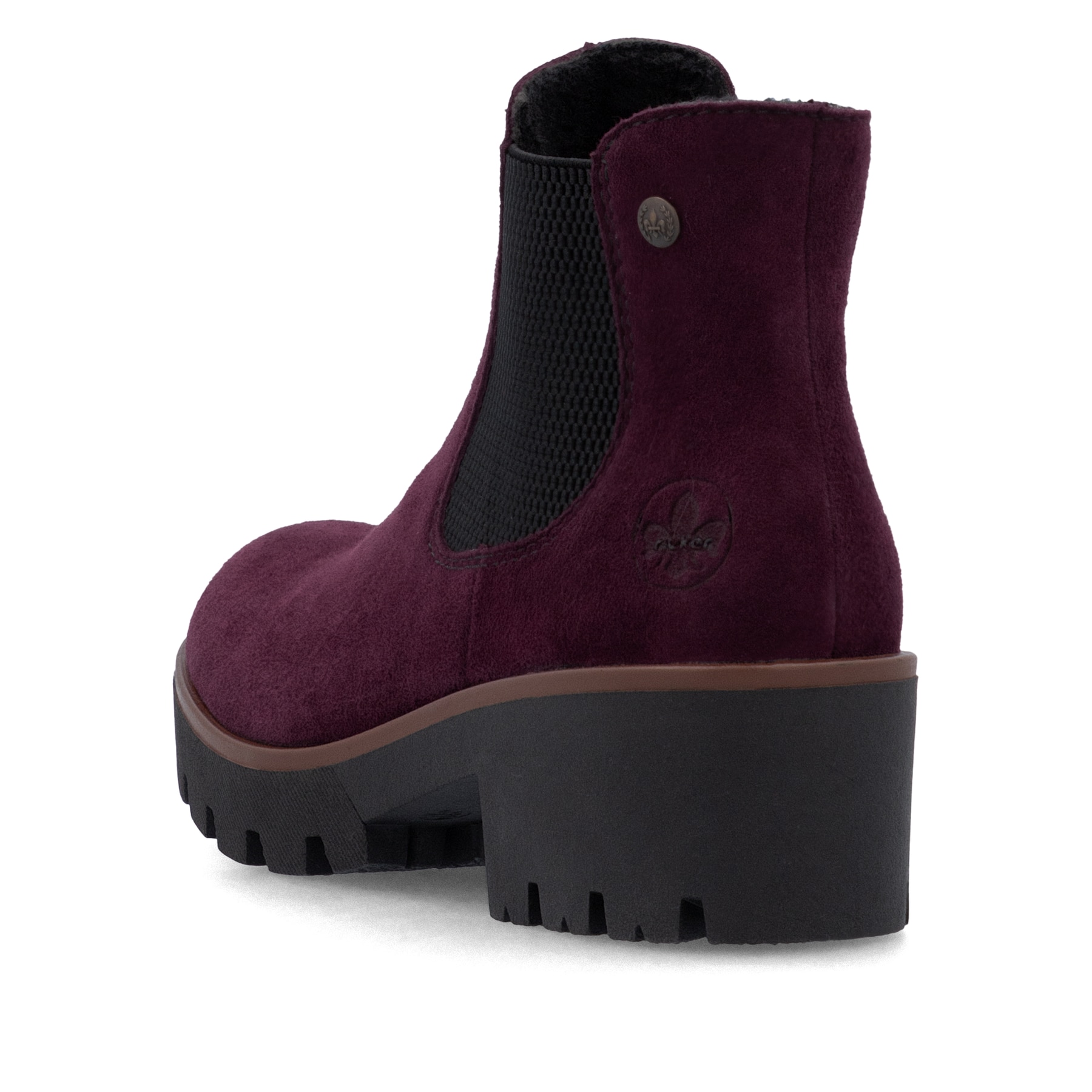 Dunkelrote Rieker Damen Chelsea Boots 79265-30 aus Rauleder mit einem Gummizug. Schuh von oben.