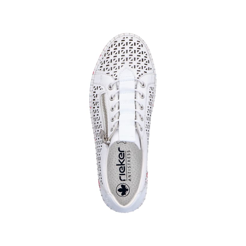 Weiße Rieker Damen Slipper M2357-80, Barfußschuhe mit einem Reißverschluss. Schuh von oben.