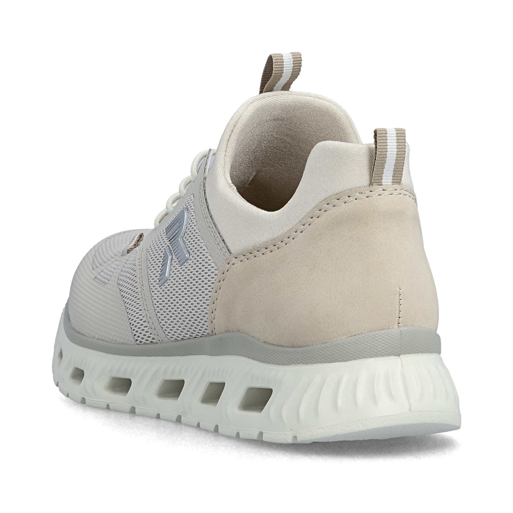Mocassins Rieker beiges végan pour femmes M6078-60 avec bande élastique. Chaussure vue de l'arrière.
