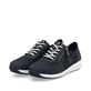 Blaue Rieker Damen Sneaker Low N1111-14 mit einem Reißverschluss. Schuhpaar seitlich schräg.
