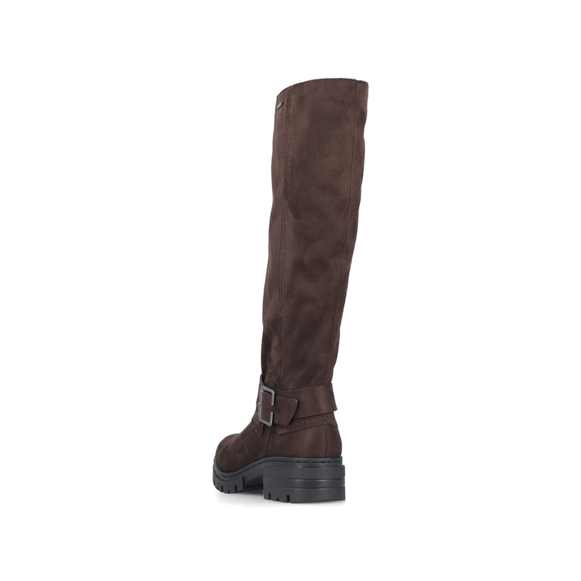 Dunkelbraune Rieker Damen Hochschaftstiefel 76892-25 mit Deko-Schnalle. Schuh von hinten.