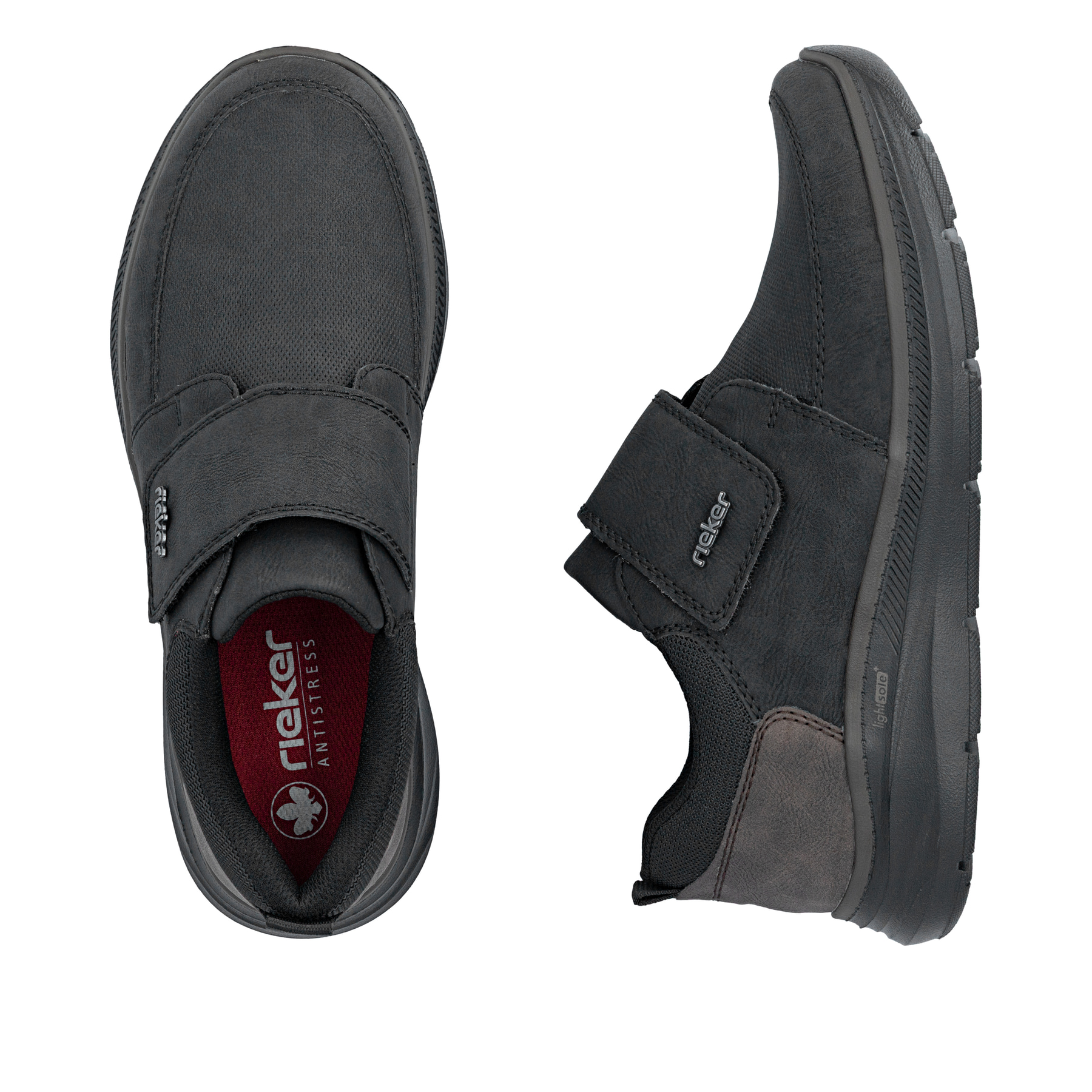 Schwarze Rieker Herren Slipper B1854-00 mit der lightsole+ sowie Klettverschluss. Schuh von oben, liegend.