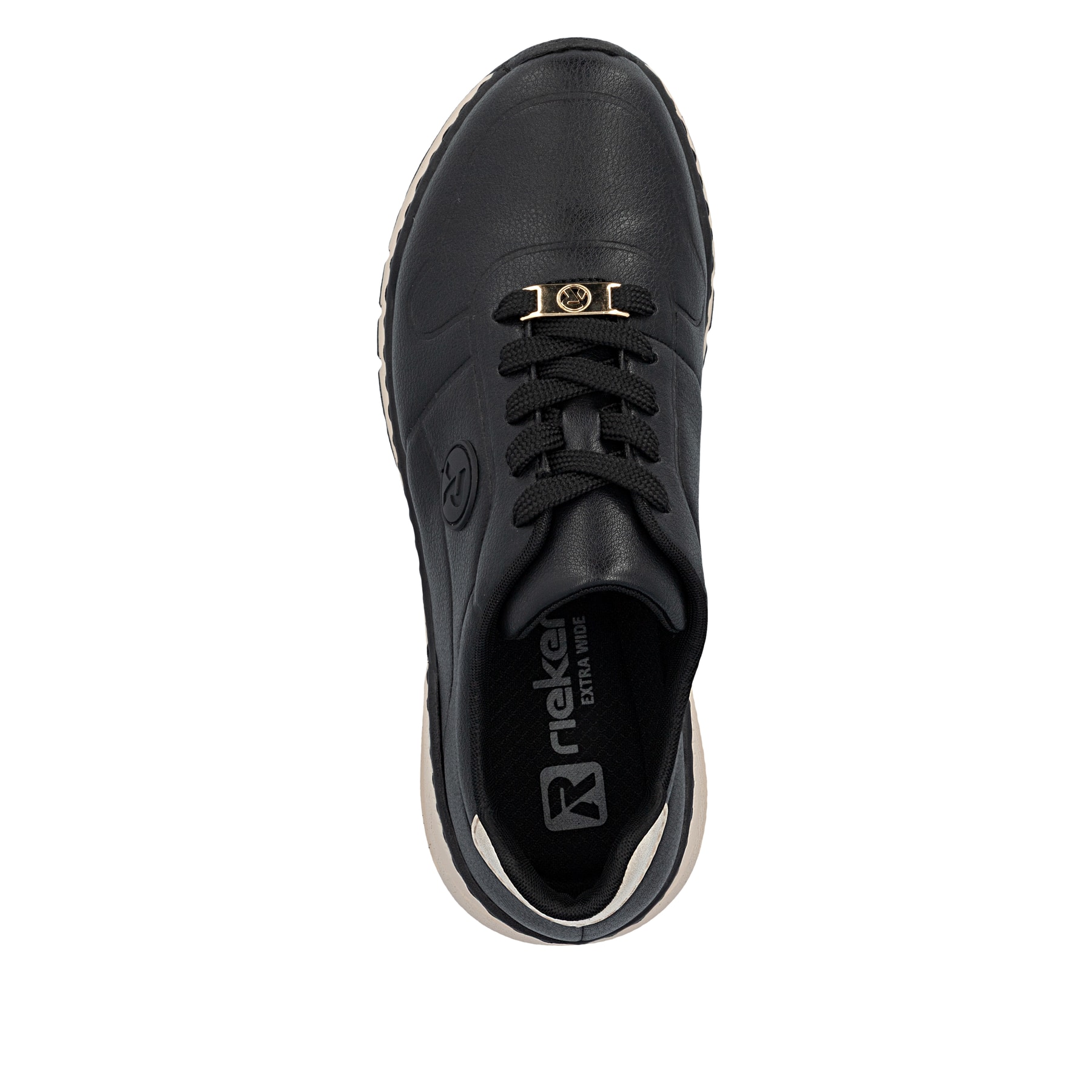 Schwarze Rieker Damen Sneaker Low M4903-03 aus Glattleder mit einer Schnürung. Schuh von oben.