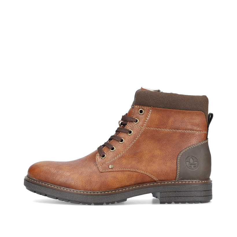 
Karamellbraune Rieker Herren Schnürstiefel 33140-25 mit einer robusten Profilsohle. Schuh Außenseite