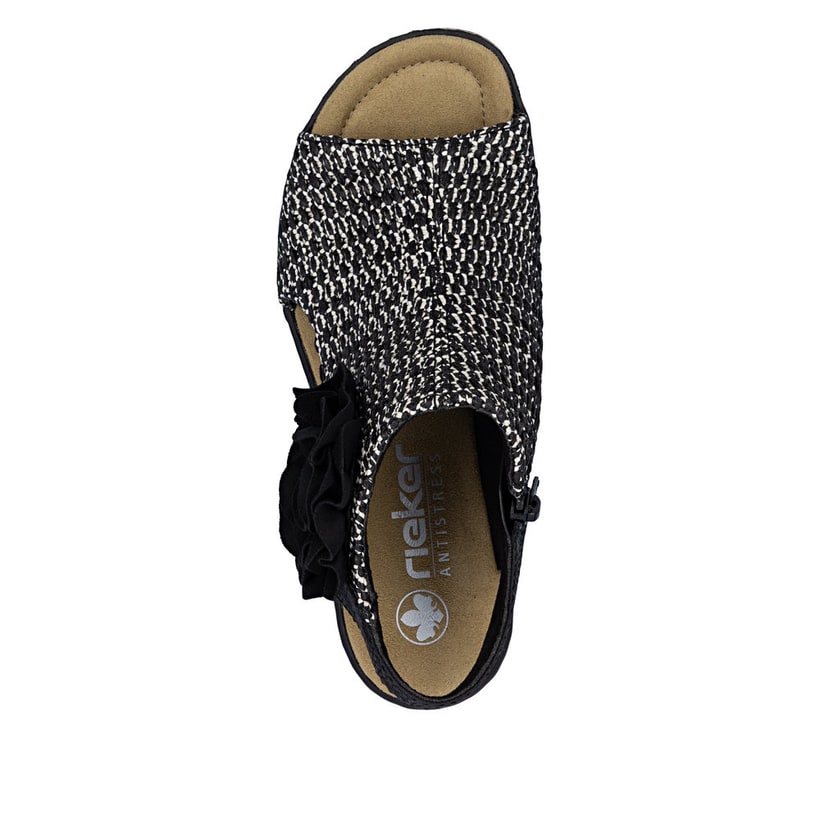 Schwarze Rieker Keilsandaletten 63791-01 mit dekorativer Blume. Schuh von oben.