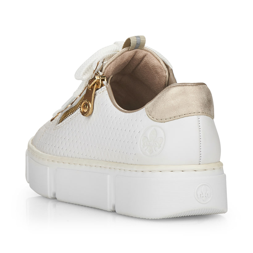 Weiße Rieker Damen Sneaker Low N5932-80 mit einem Reißverschluss. Schuh von hinten.