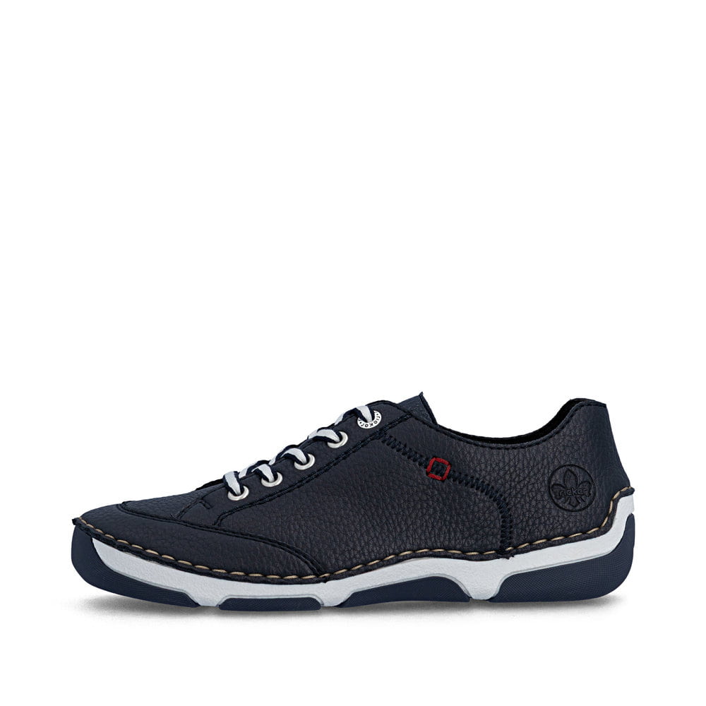 Blaue Rieker Damen Schnürschuhe 55901-14 aus Glattleder mit modernen Ziernähten. Schuh Außenseite.
