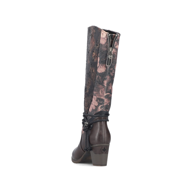 Brombeerfarbene Rieker Damen Hochschaftstiefel 96059-90 mit floralem Aufdruck. Schuh von hinten.