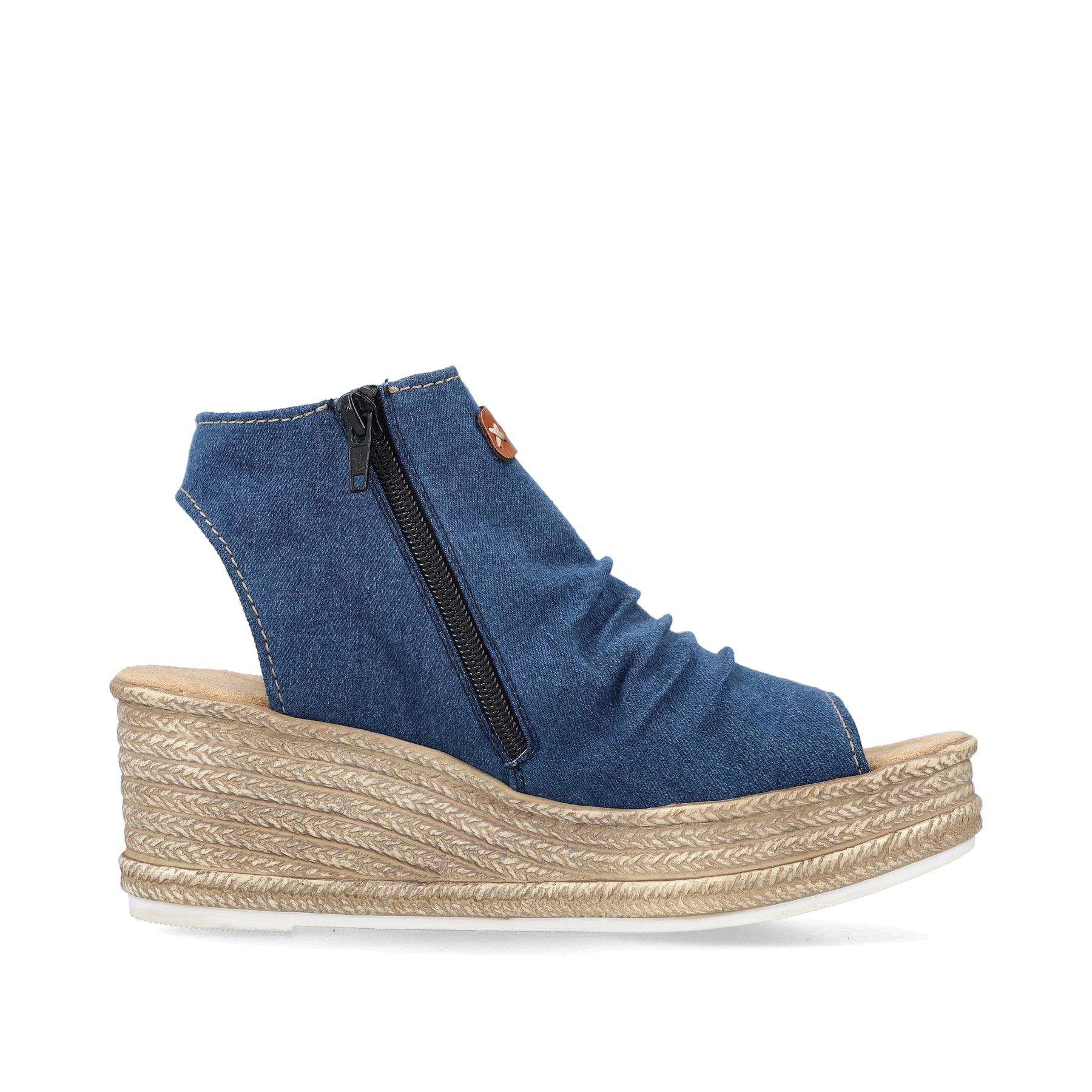 Schieferblaue vegane Rieker Keilsandaletten 68791-12 mit einem Reißverschluss. Schuh Innenseite.